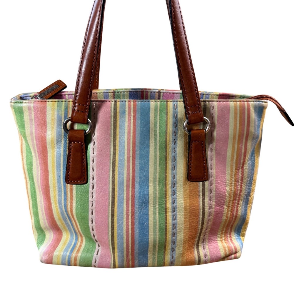 Fossil 1954 Multi Color Striped Leather Small Tote Handbag 75082 Pastel Boho